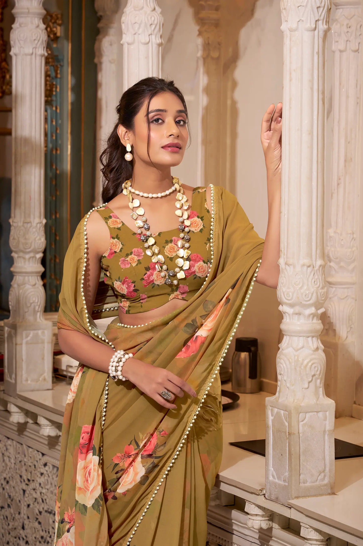 Light Brown Georgette Floral Print & Pearl Lace Border Saree