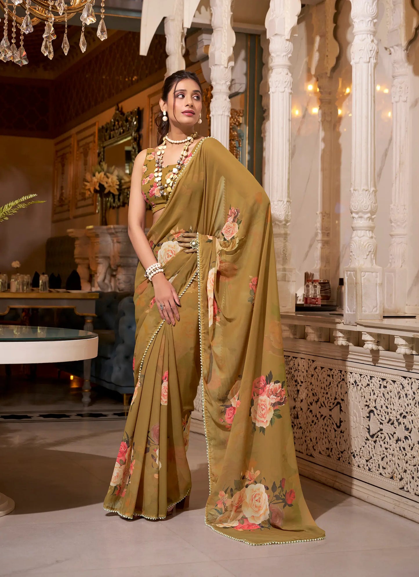 Light Brown Georgette Floral Print & Pearl Lace Border Saree