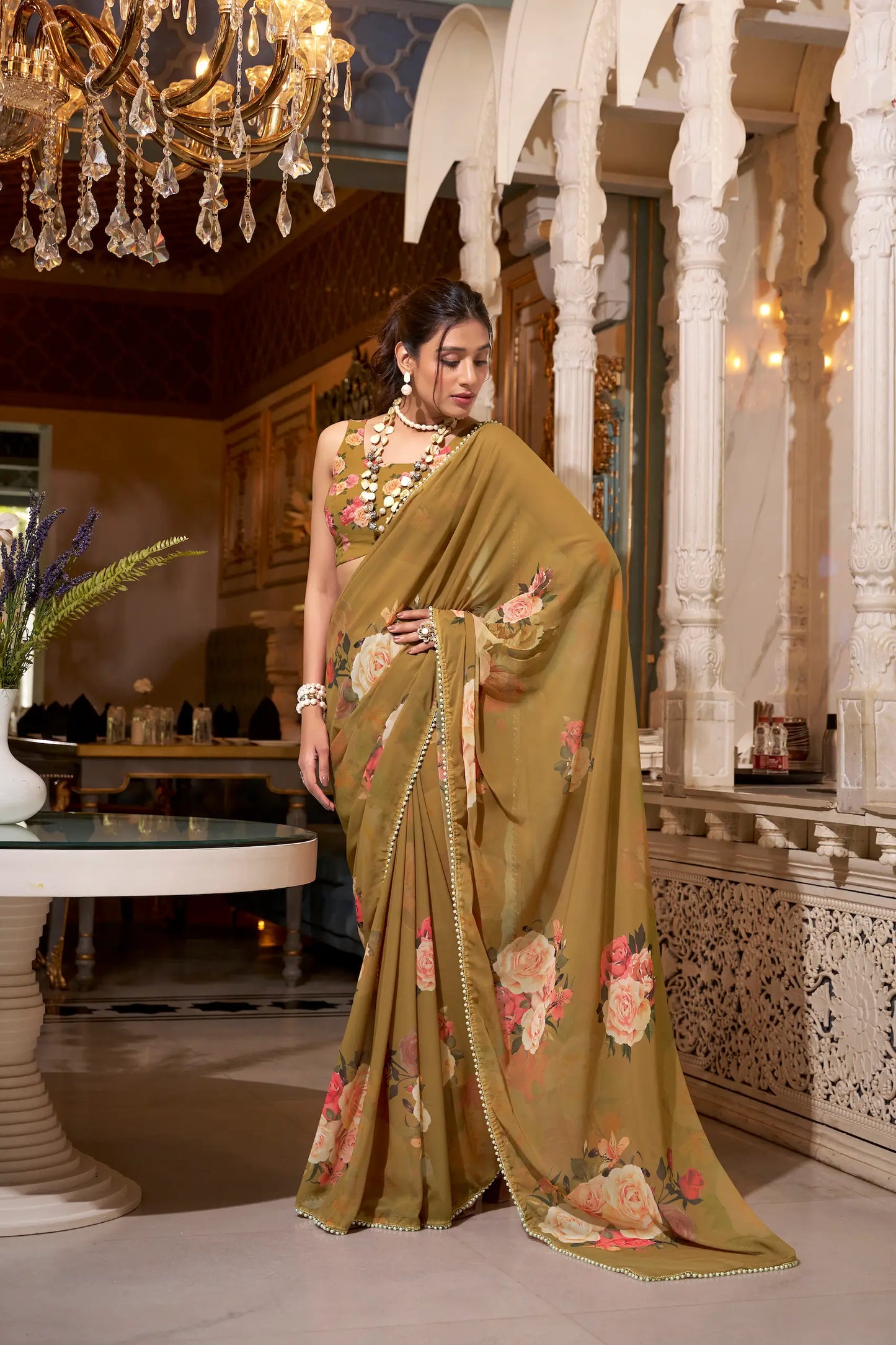 Light Brown Georgette Floral Print & Pearl Lace Border Saree