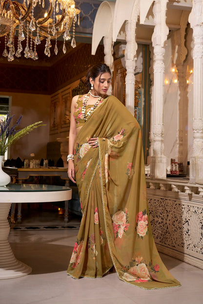 Light Brown Georgette Floral Print & Pearl Lace Border Saree