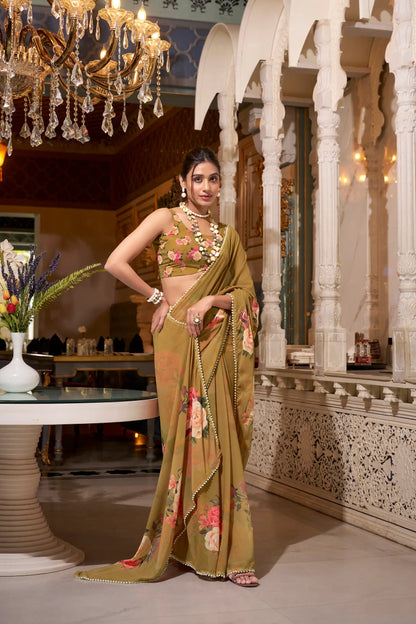 Light Brown Georgette Floral Print & Pearl Lace Border Saree
