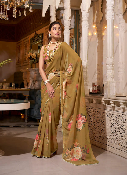 Light Brown Georgette Floral Print & Pearl Lace Border Saree