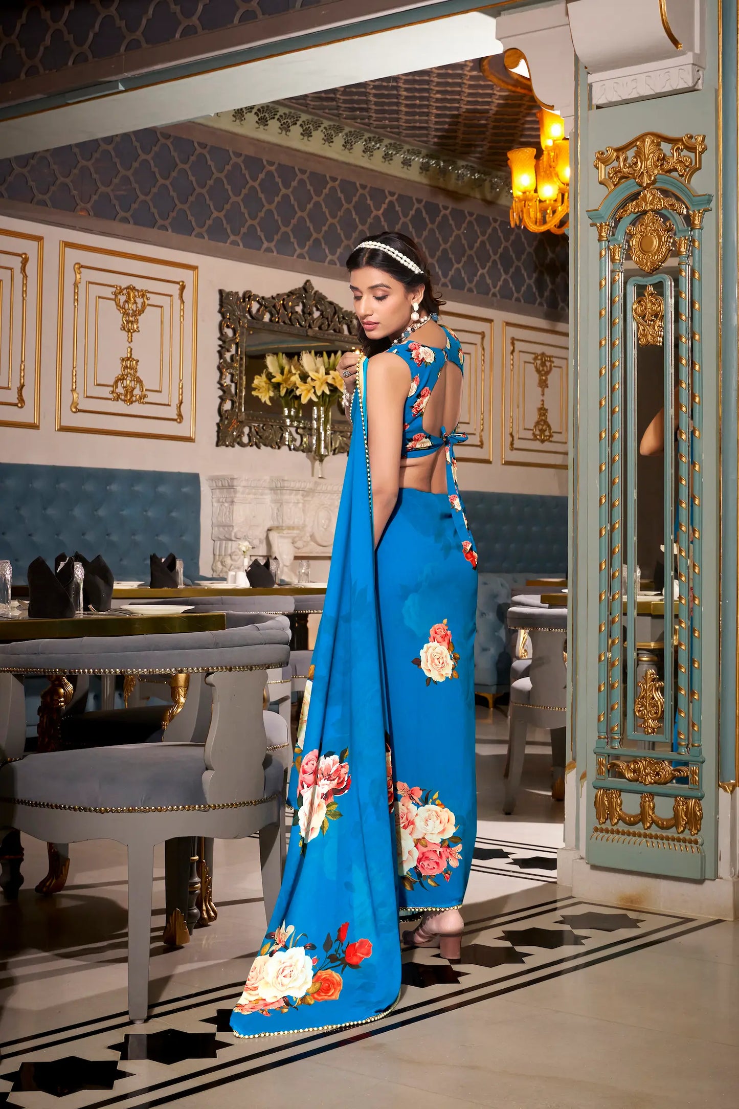 Blue Georgette Floral Print & Pearl Lace Border Saree