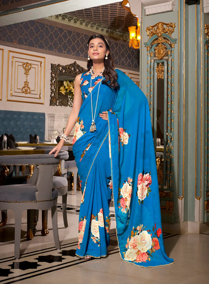 Blue Georgette Floral Print & Pearl Lace Border Saree