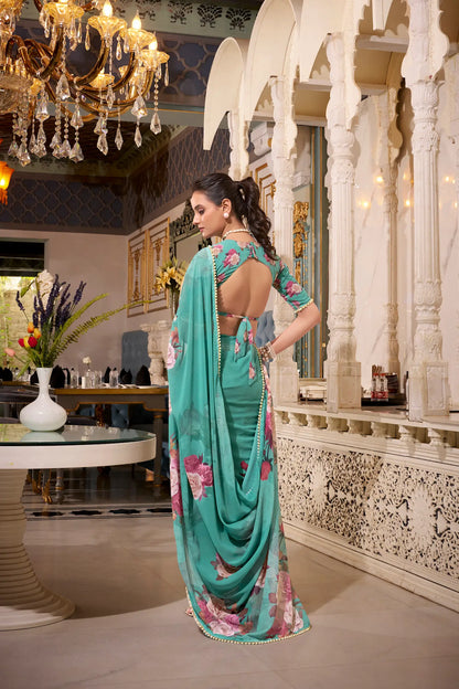 Sea Green Georgette Floral Print & Pearl Lace Border Saree