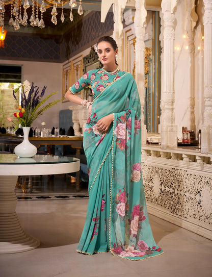 Sea Green Georgette Floral Print & Pearl Lace Border Saree