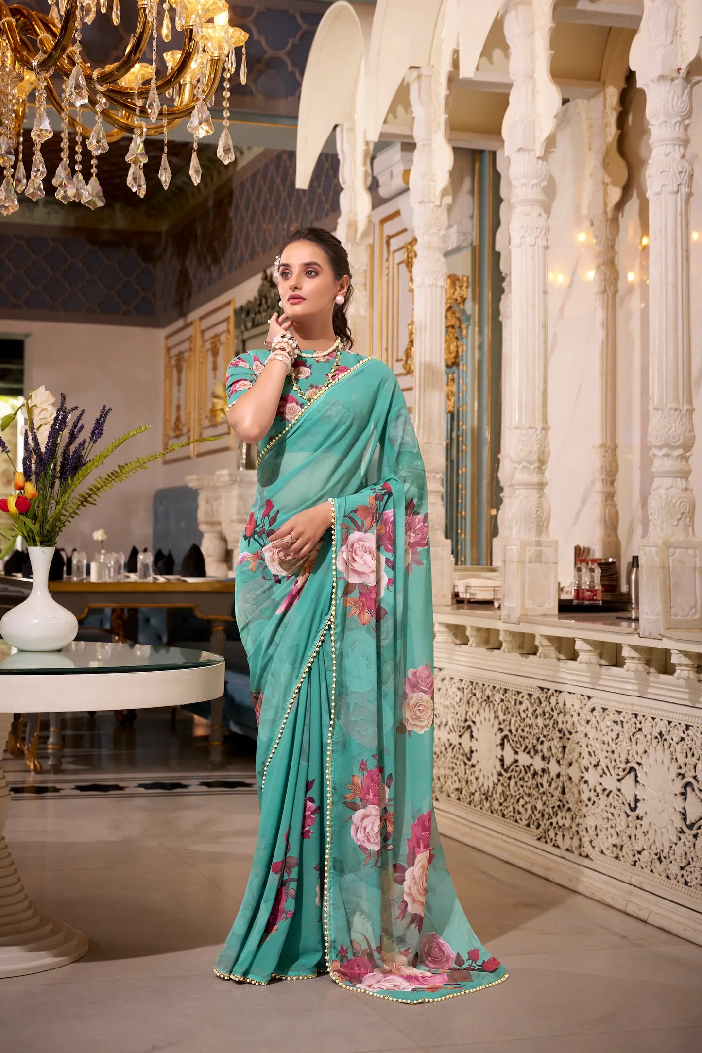 Sea Green Georgette Floral Print & Pearl Lace Border Saree