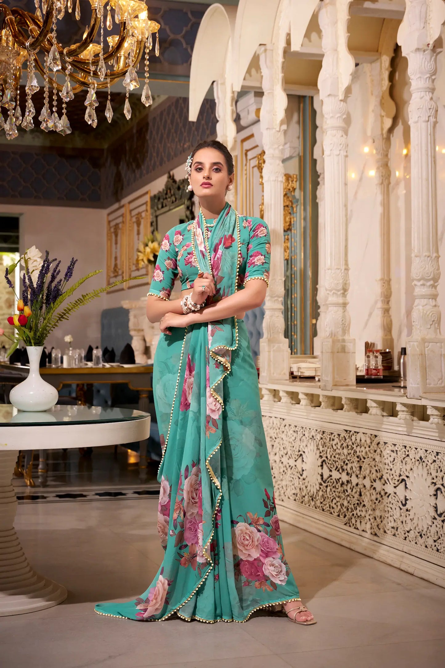 Sea Green Georgette Floral Print & Pearl Lace Border Saree