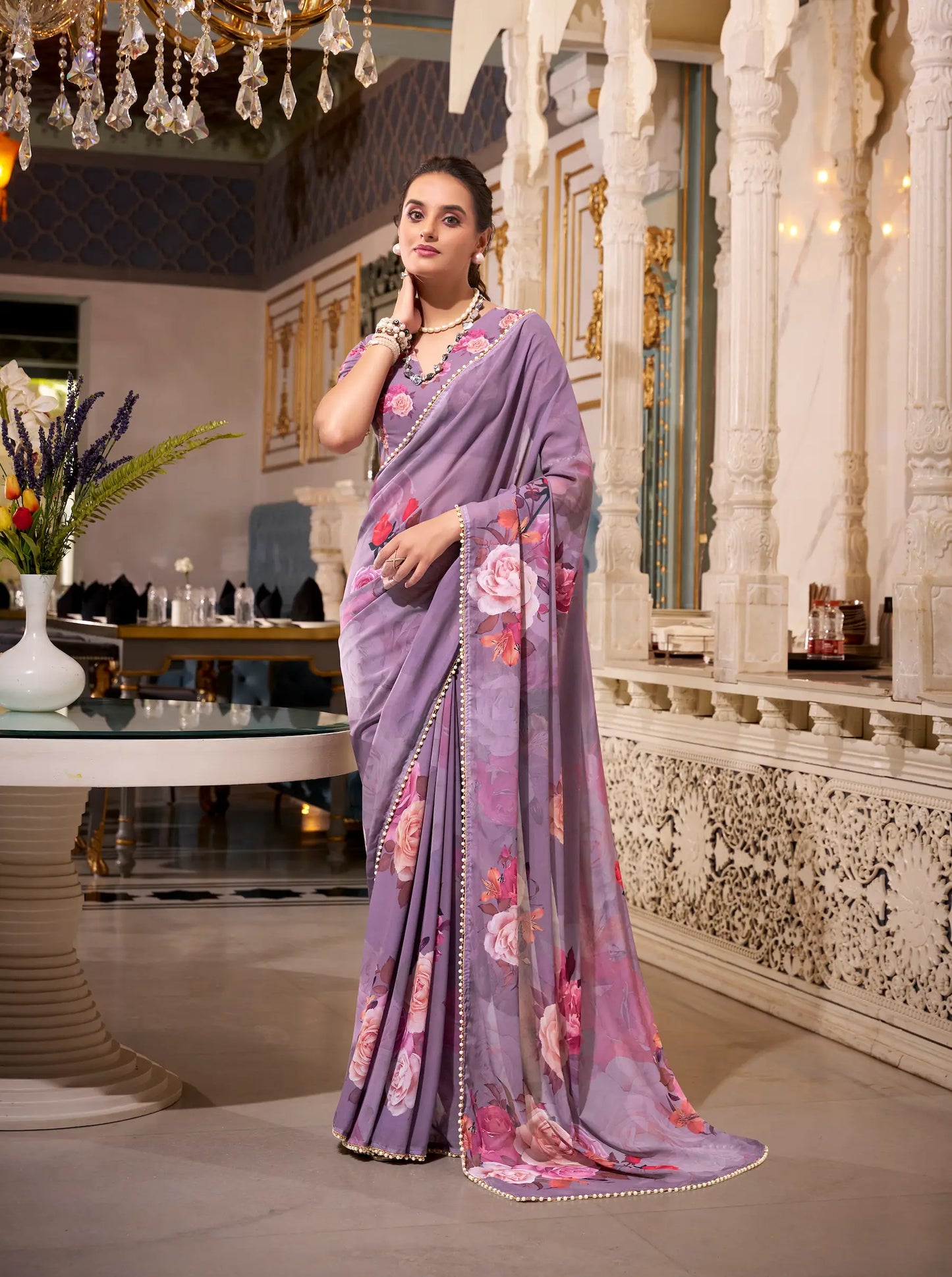 Grey Georgette Floral Print & Pearl Lace Border Saree