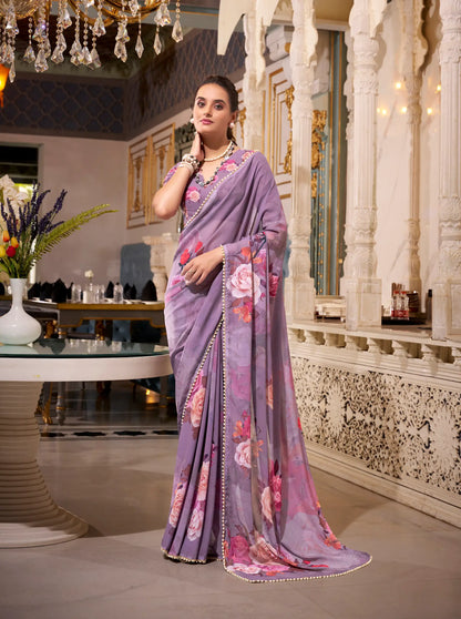 Grey Georgette Floral Print & Pearl Lace Border Saree