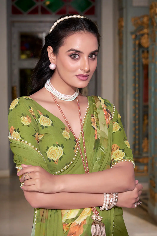 Olive Green Georgette Floral Print & Pearl Lace Border Saree