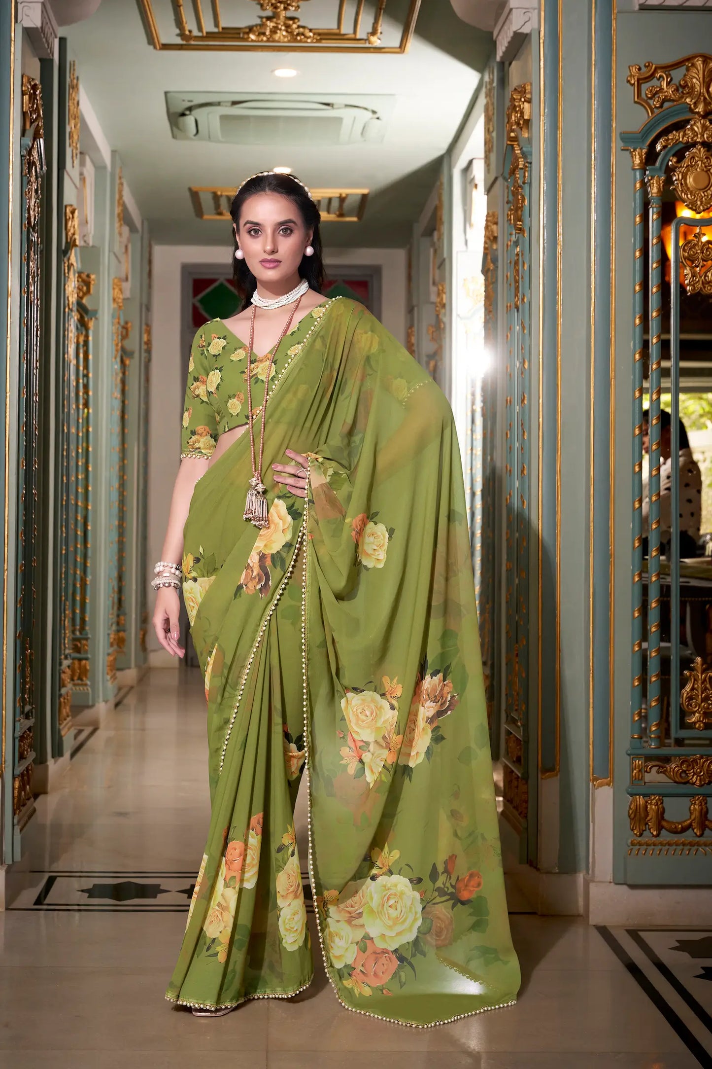 Olive Green Georgette Floral Print & Pearl Lace Border Saree