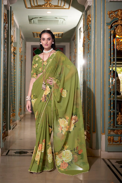Olive Green Georgette Floral Print & Pearl Lace Border Saree