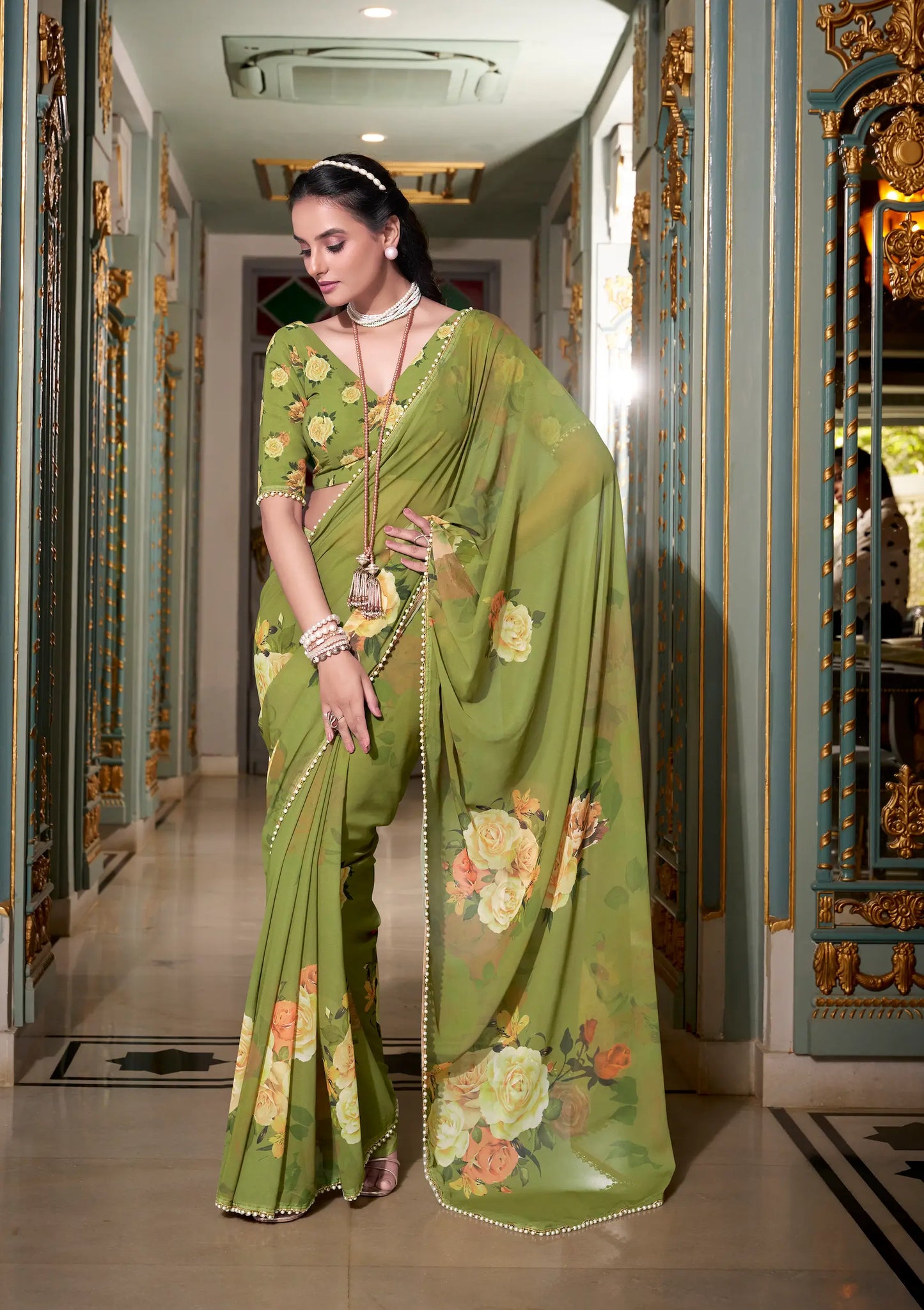 Olive Green Georgette Floral Print & Pearl Lace Border Saree