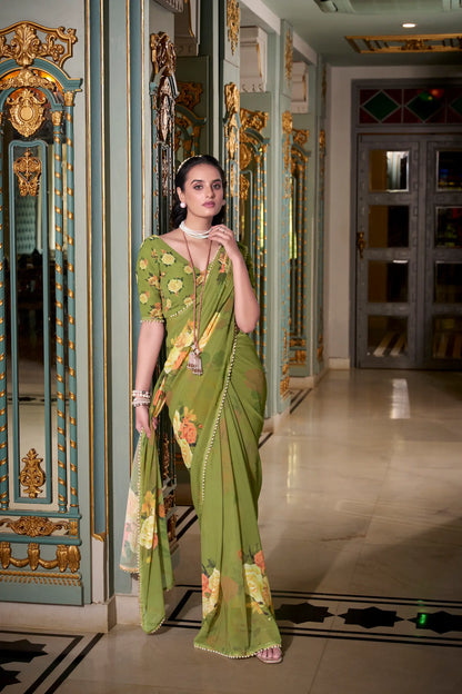 Olive Green Georgette Floral Print & Pearl Lace Border Saree