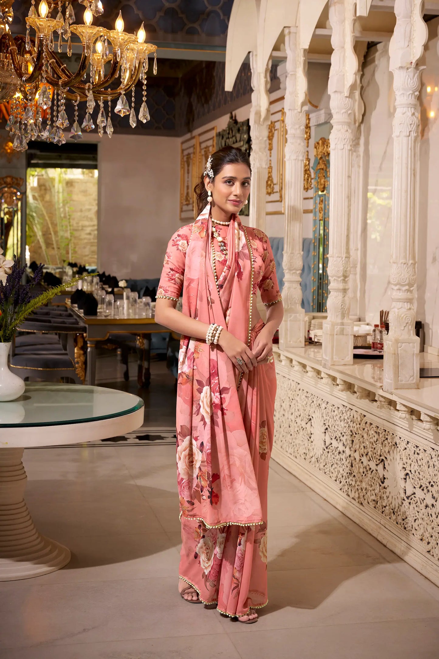 Light Orange Georgette Floral Print & Pearl Lace Border Saree