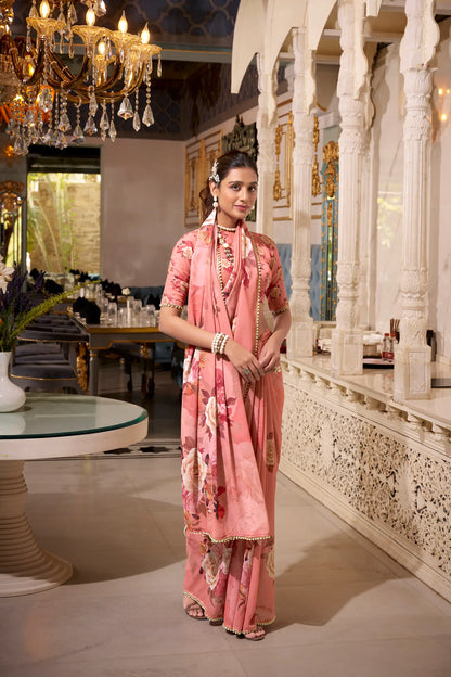 Light Orange Georgette Floral Print & Pearl Lace Border Saree