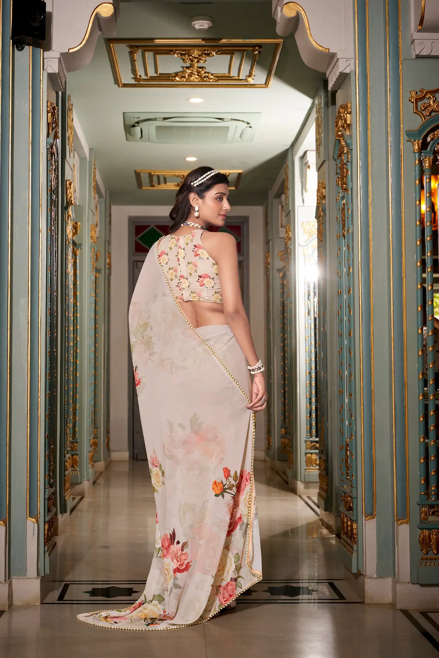 Light Beige Georgette Floral Print & Pearl Lace Border Saree