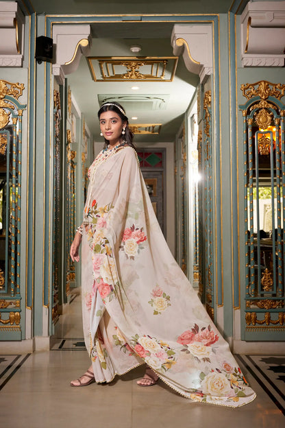 Light Beige Georgette Floral Print & Pearl Lace Border Saree