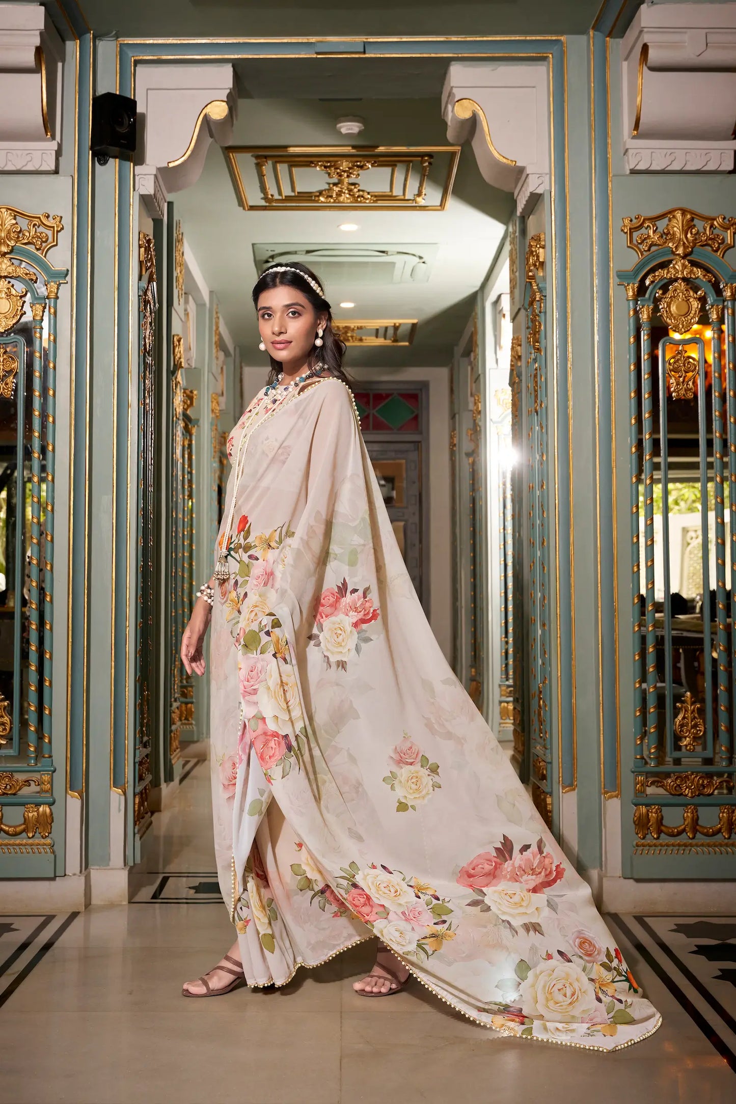 Light Beige Georgette Floral Print & Pearl Lace Border Saree