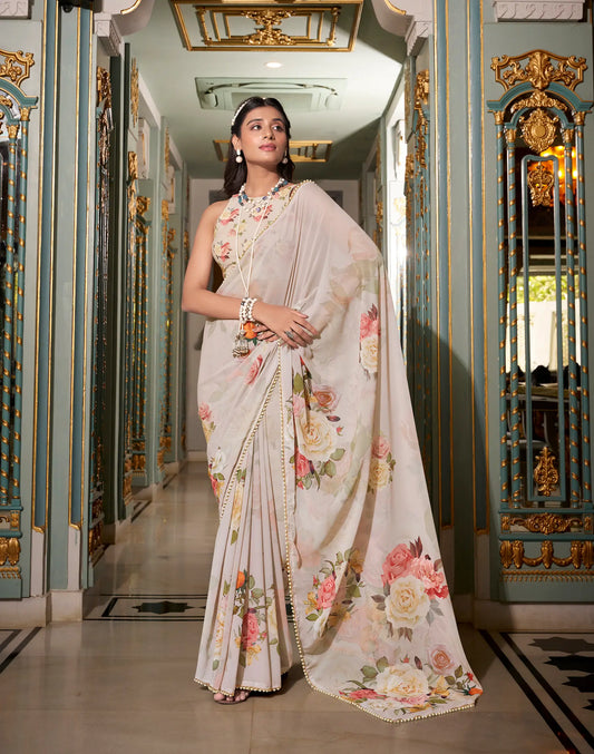 Light Beige Georgette Floral Print & Pearl Lace Border Saree