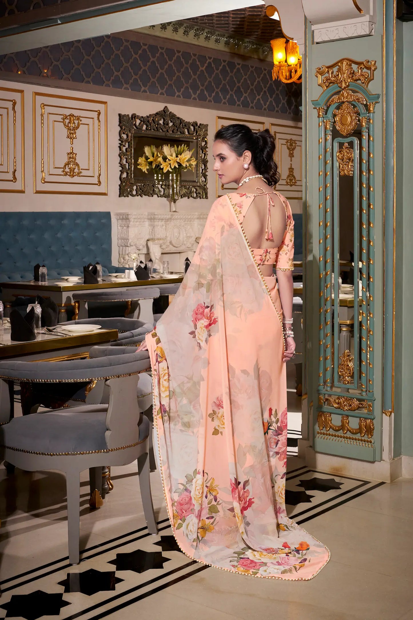 Peach Georgette Floral Print & Pearl Lace Border Saree