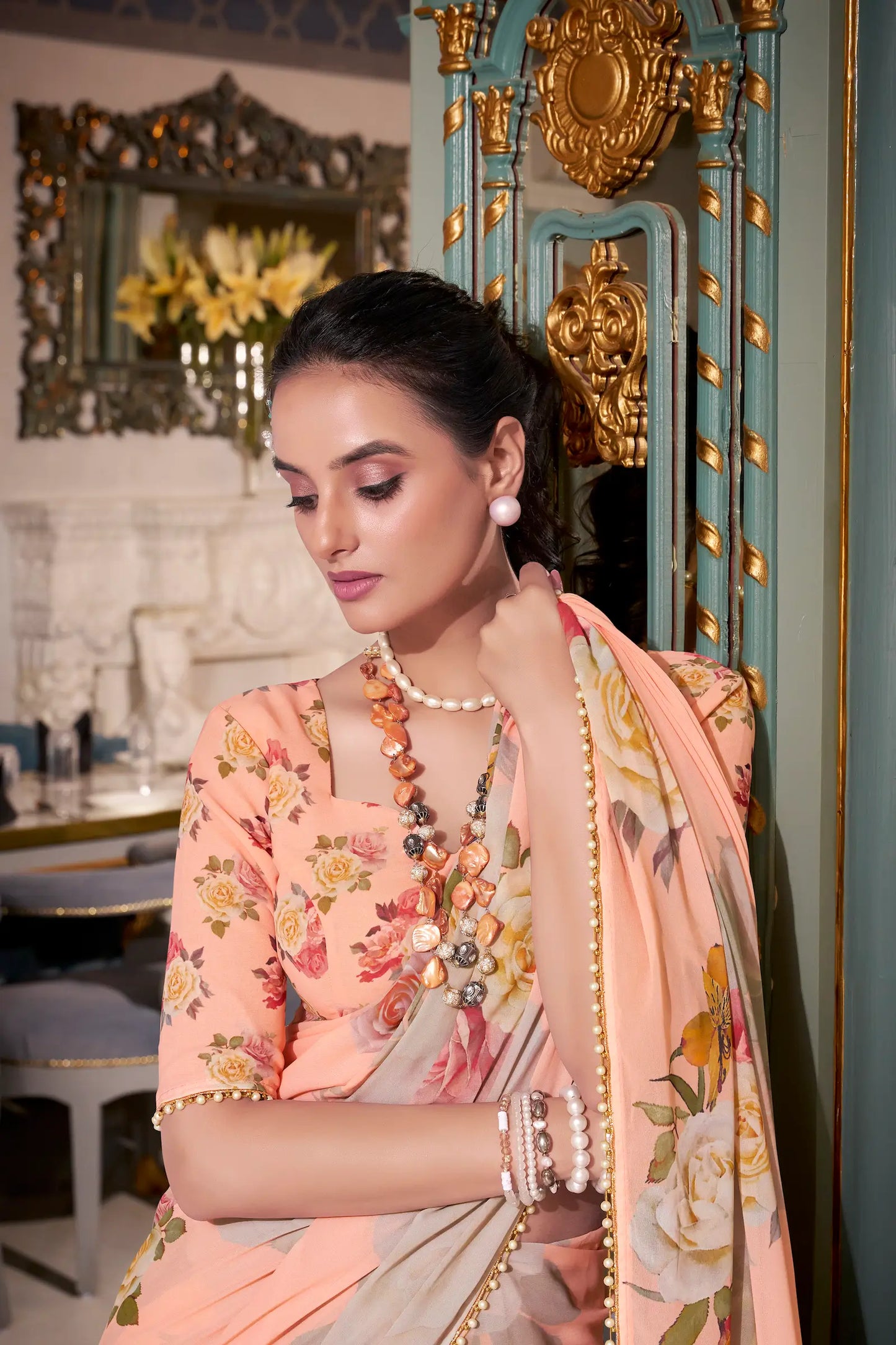Peach Georgette Floral Print & Pearl Lace Border Saree
