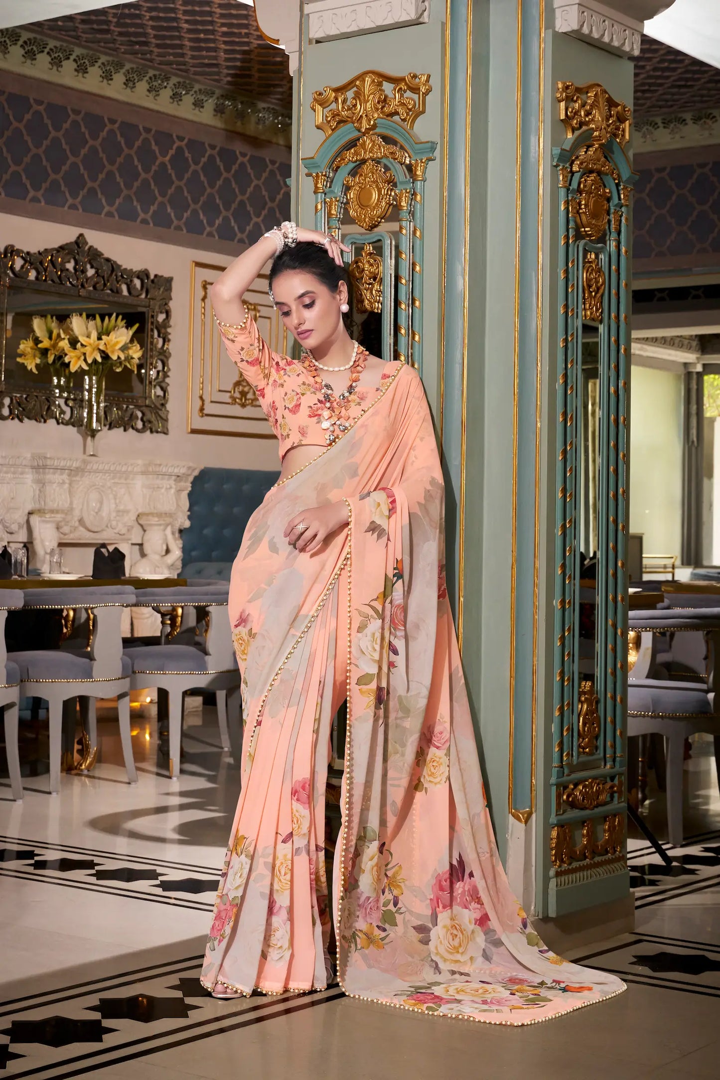 Peach Georgette Floral Print & Pearl Lace Border Saree