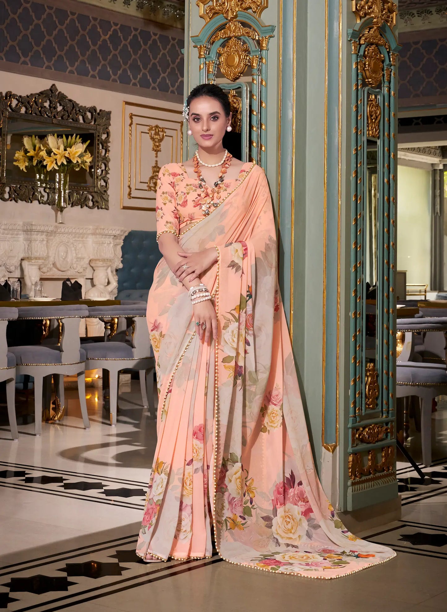 Peach Georgette Floral Print & Pearl Lace Border Saree