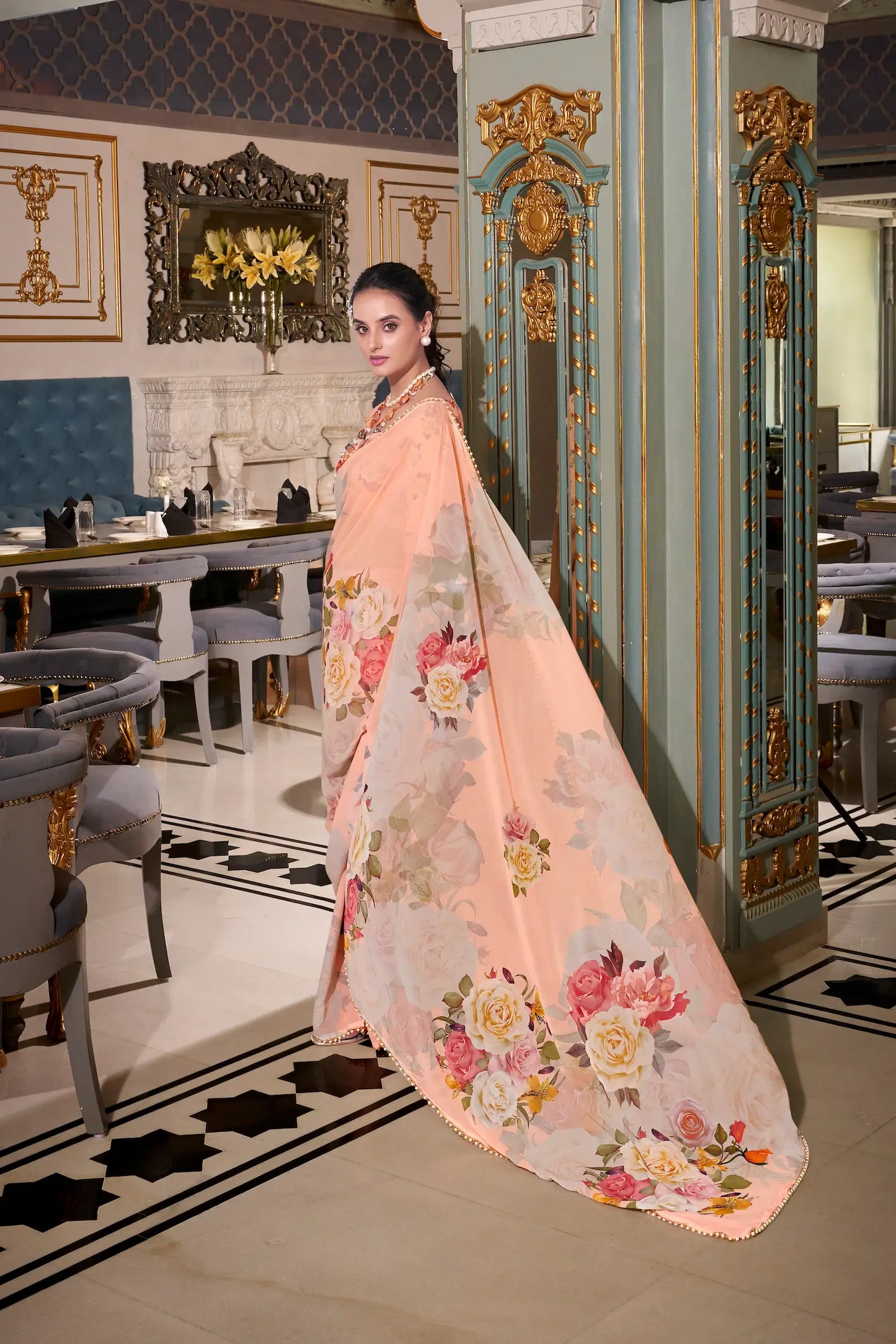 Peach Georgette Floral Print & Pearl Lace Border Saree