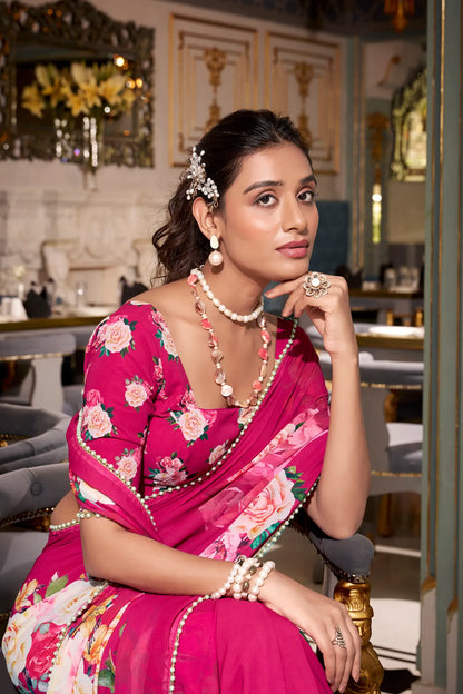 Dark Pink Georgette Floral Print & Pearl Lace Border Saree