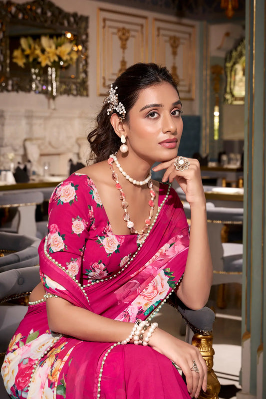 Dark Pink Georgette Floral Print & Pearl Lace Border Saree
