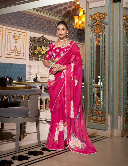Dark Pink Georgette Floral Print & Pearl Lace Border Saree