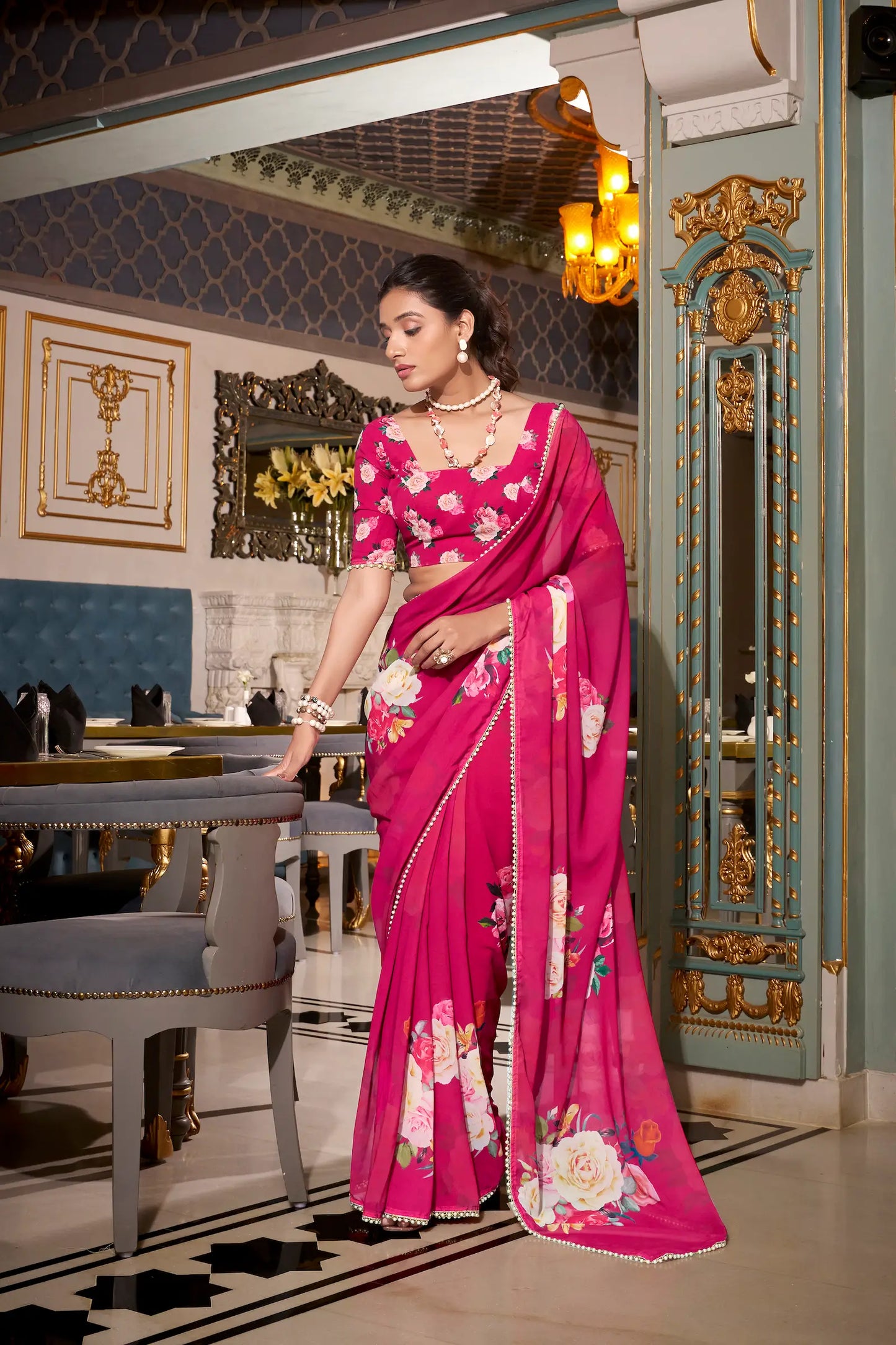 Dark Pink Georgette Floral Print & Pearl Lace Border Saree