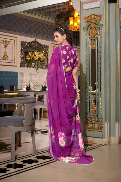 Purple Georgette Floral Print & Pearl Lace Border Saree