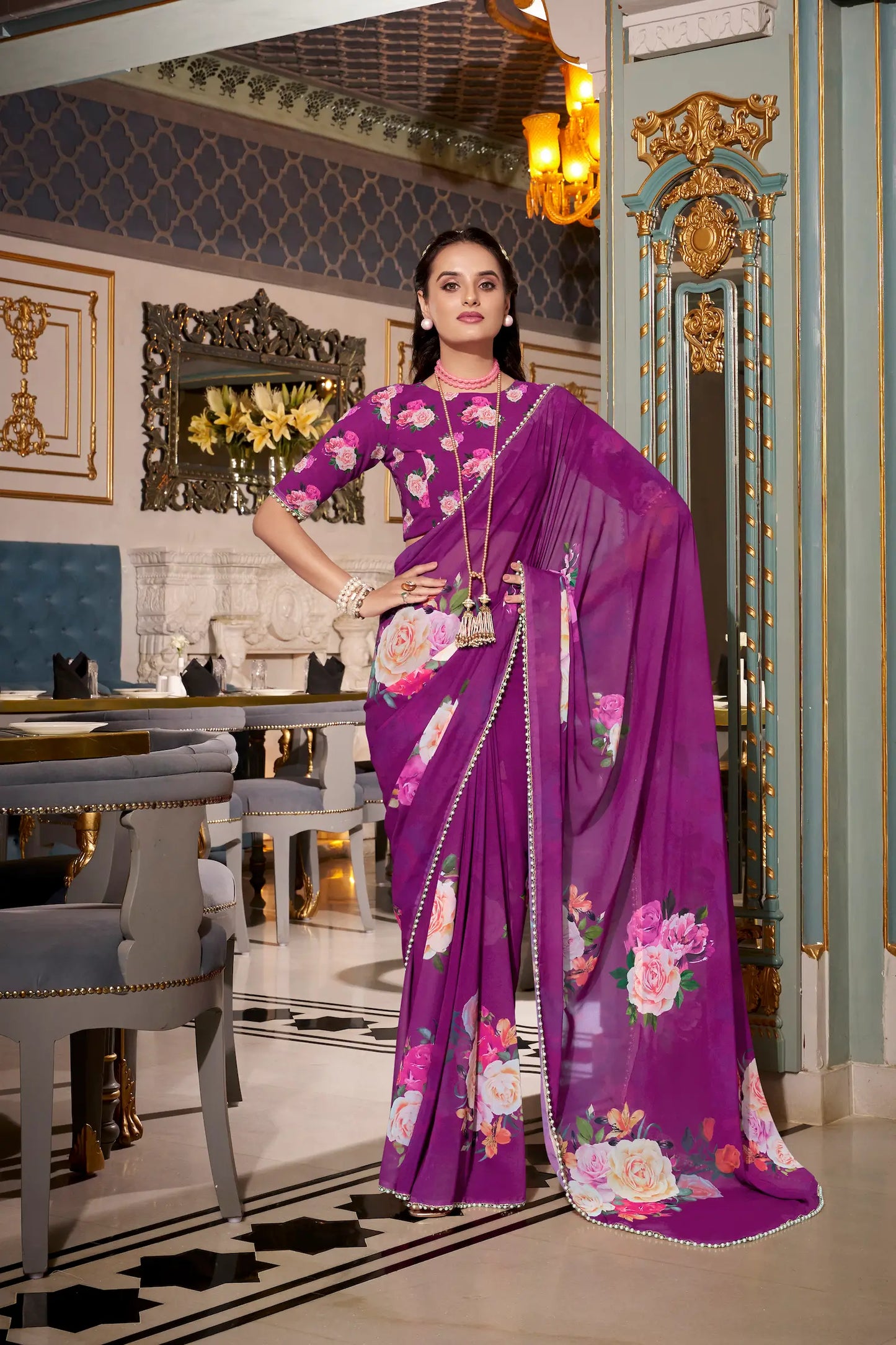Purple Georgette Floral Print & Pearl Lace Border Saree