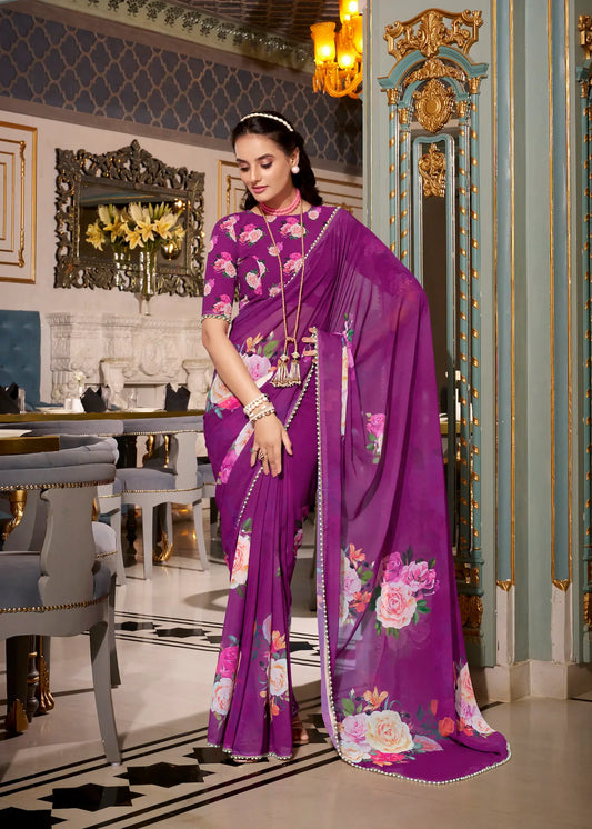 Purple Georgette Floral Print & Pearl Lace Border Saree