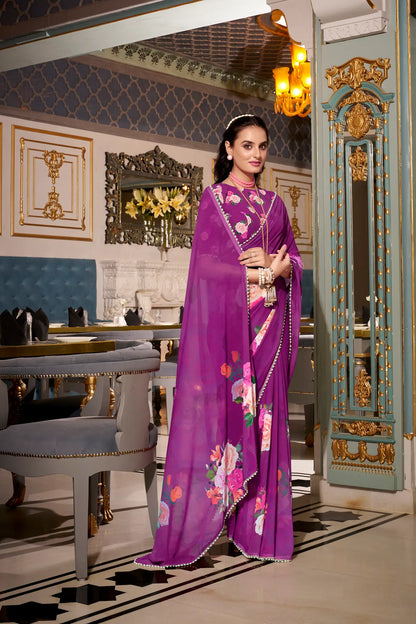 Purple Georgette Floral Print & Pearl Lace Border Saree