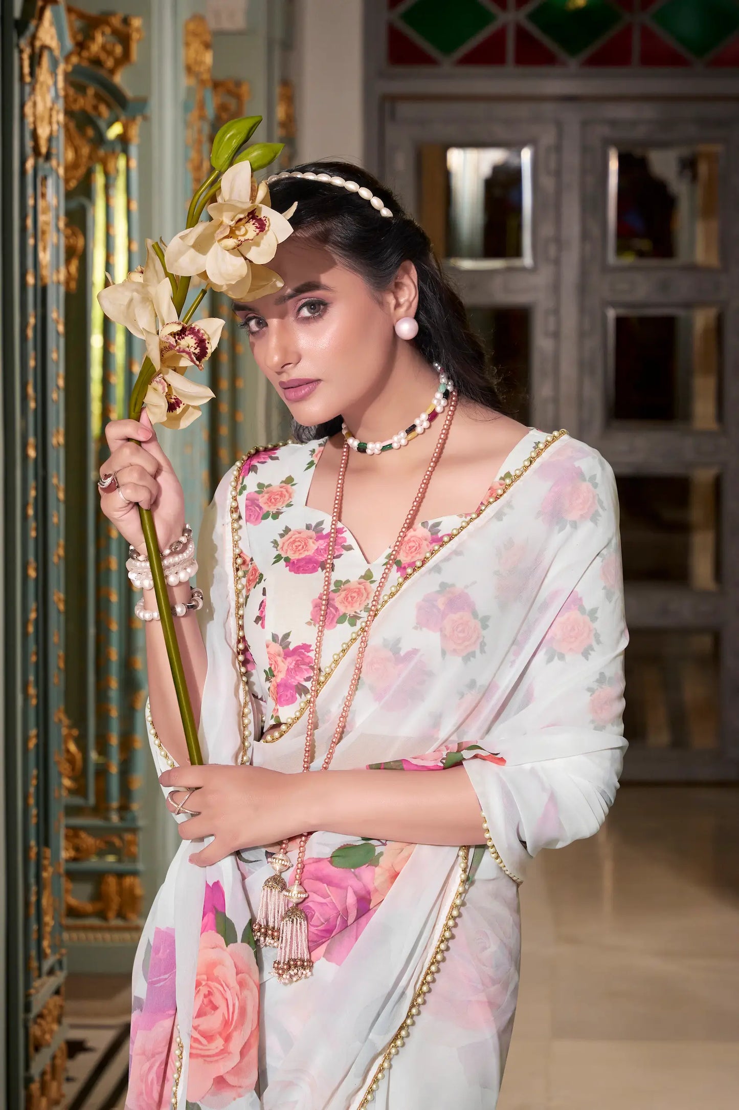 White Georgette Floral Print & Pearl Lace Border Saree