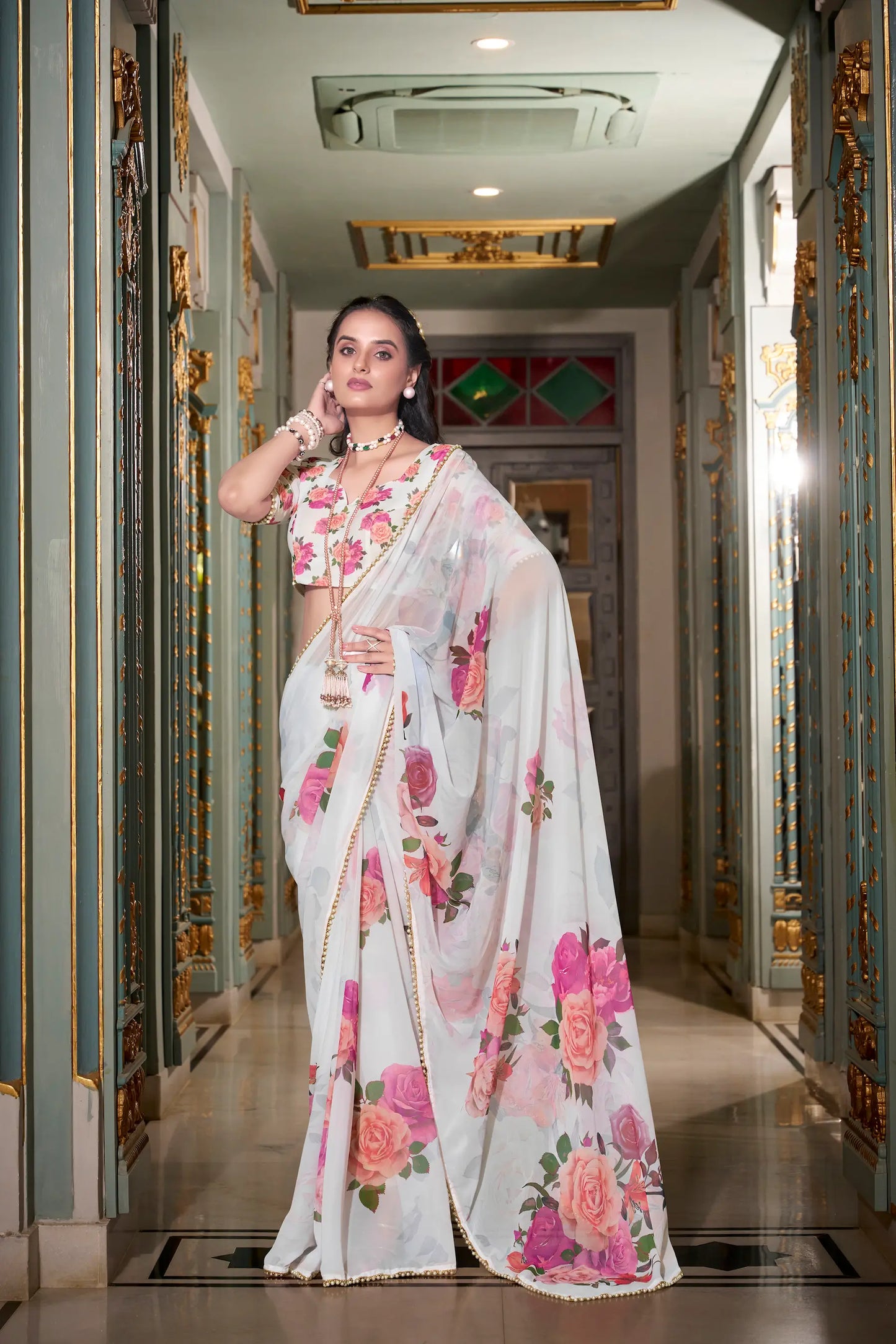 White Georgette Floral Print & Pearl Lace Border Saree