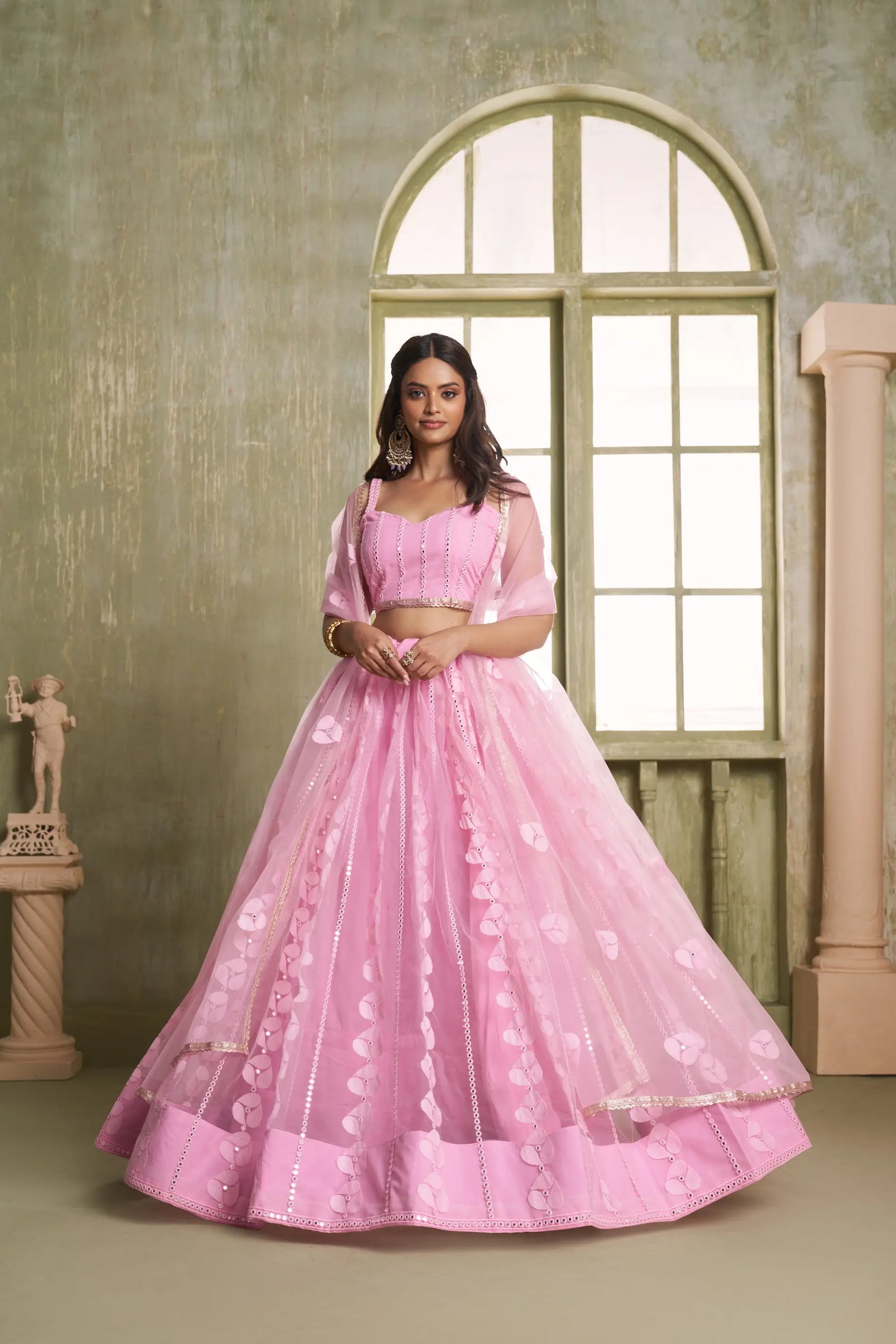 Pink Net Lehenga Choli With Cotton Thread Work & Sequence Embroidery Work