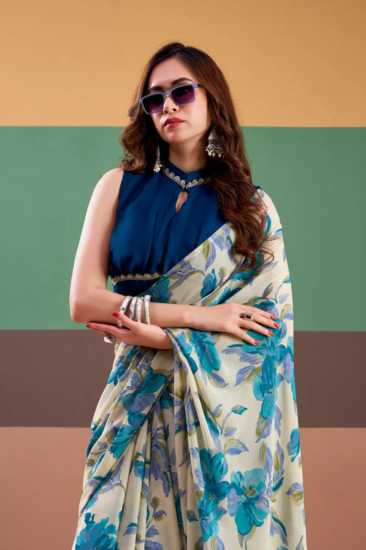 Blue Satin Silk Floral Printed Saree