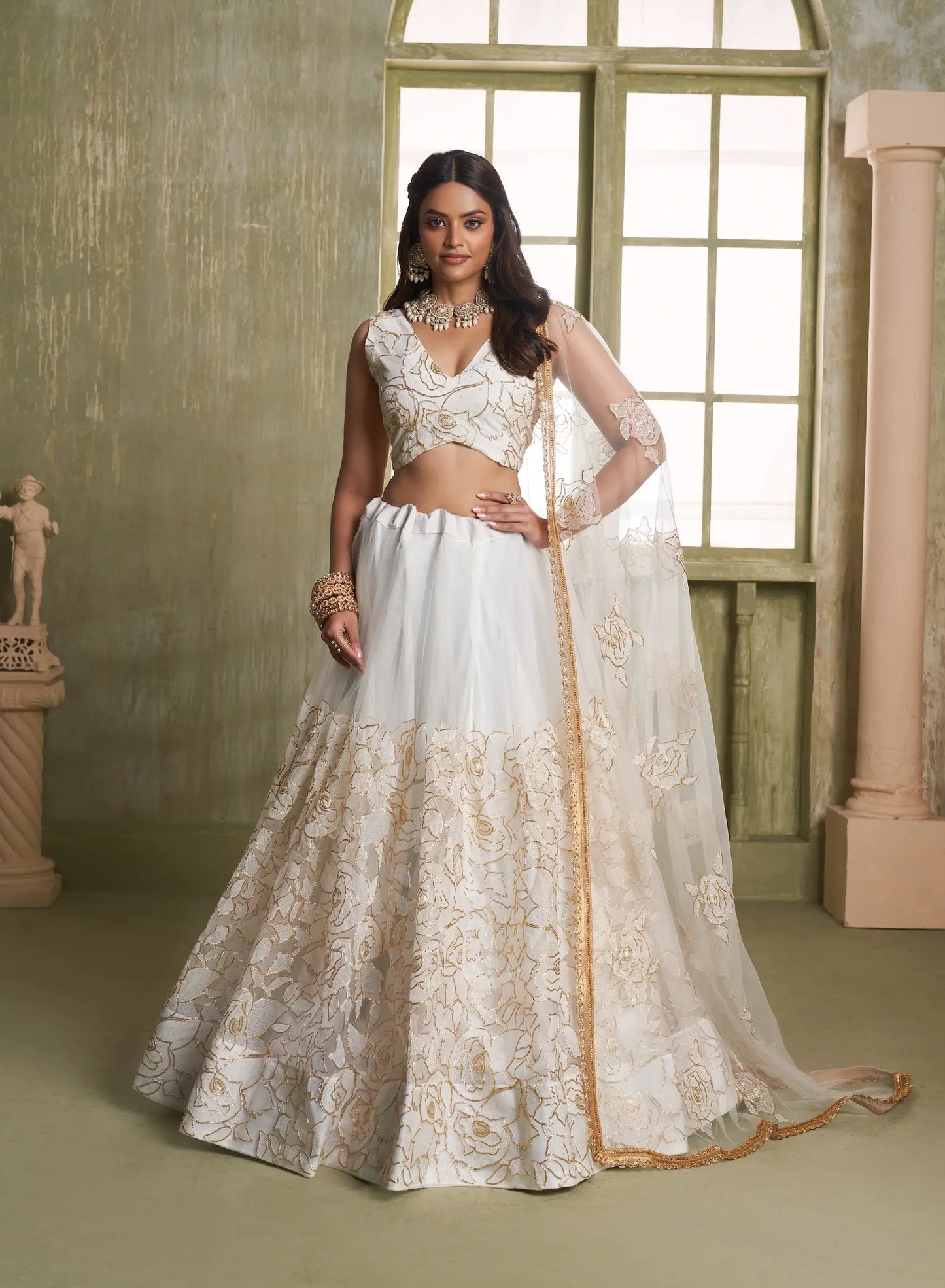 White Net Lehenga Choli With Cotton Thread Work & Sequence Embroidery Work
