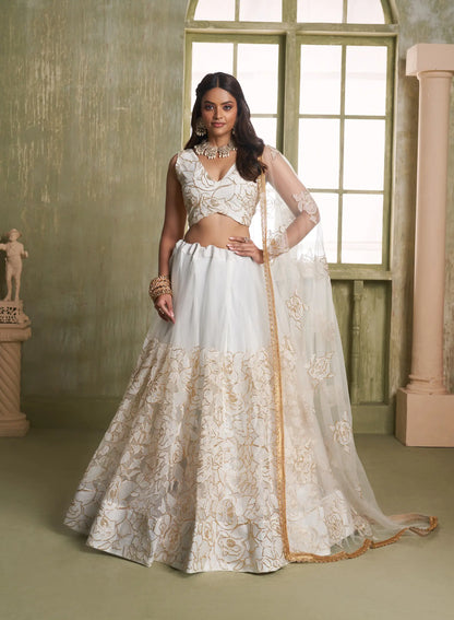 White Net Lehenga Choli With Cotton Thread Work & Sequence Embroidery Work