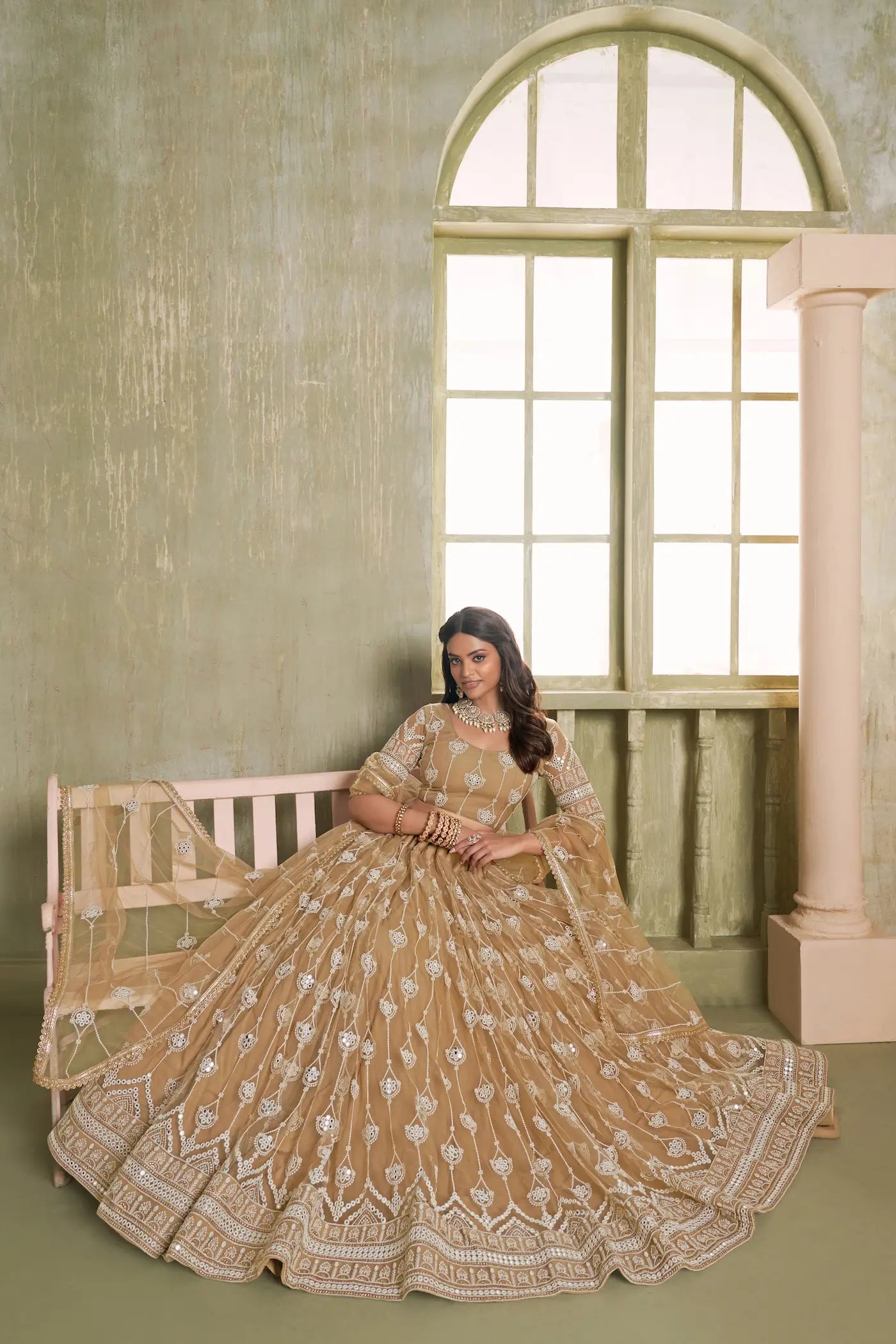 Beige Net Lehenga Choli With Cotton Thread Work & Sequence Embroidery Work