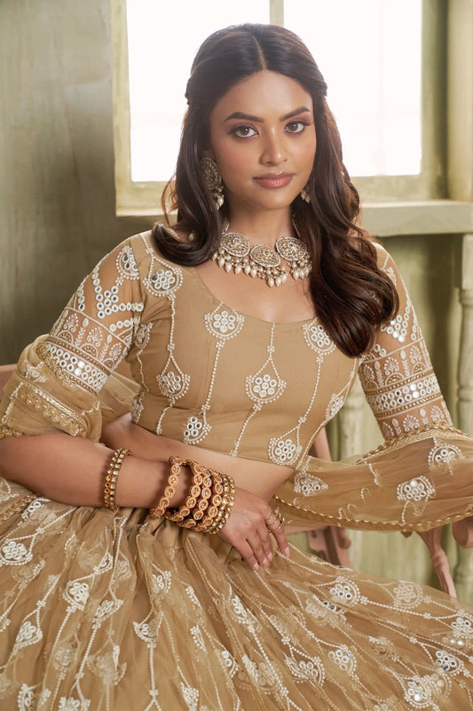 Beige Net Lehenga Choli With Cotton Thread Work & Sequence Embroidery Work