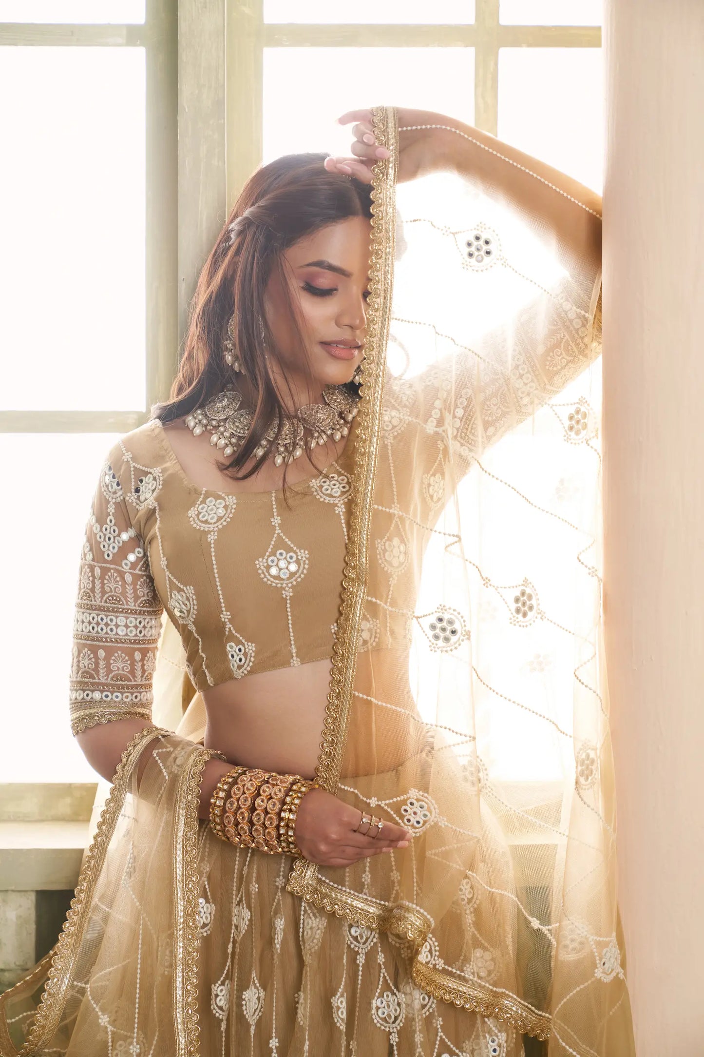 Beige Net Lehenga Choli With Cotton Thread Work & Sequence Embroidery Work