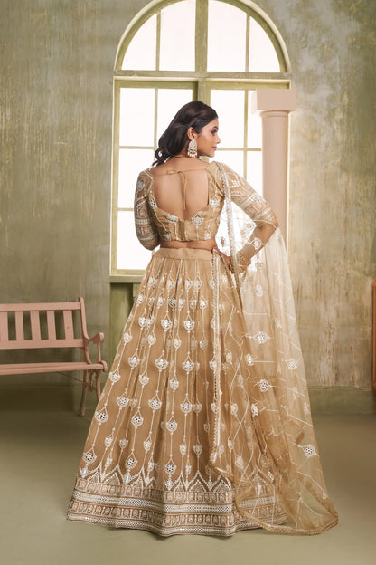 Beige Net Lehenga Choli With Cotton Thread Work & Sequence Embroidery Work
