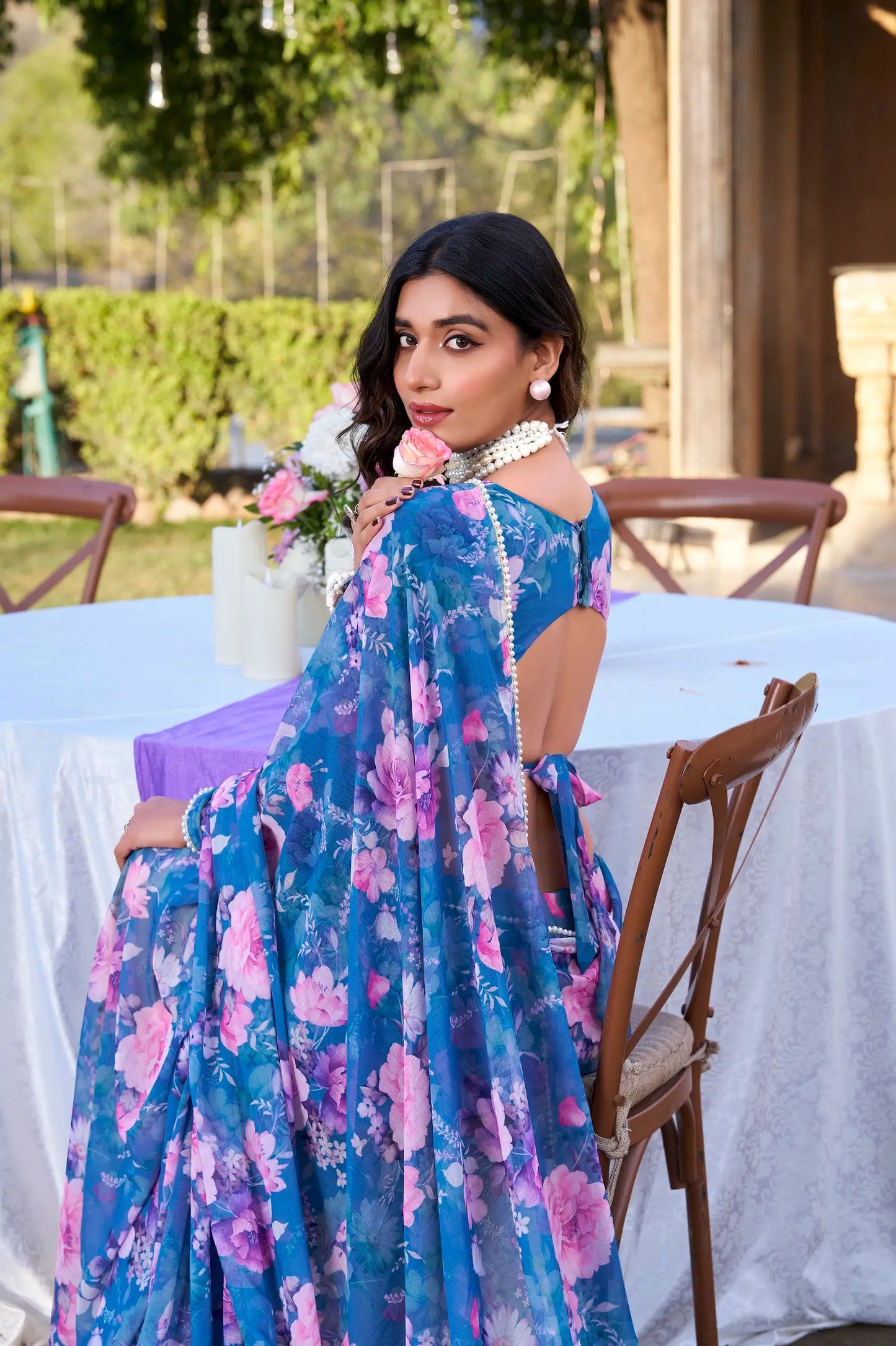 Blue Weightless Marbal Saree With Floral Print & Pearl Lace Border