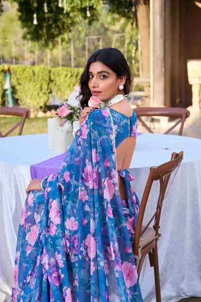 Blue Weightless Marbal Saree With Floral Print & Pearl Lace Border